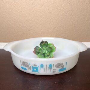 Vintage Mid-Century Fire King Blue Heaven Atomic Milk Glass Casserole Dish